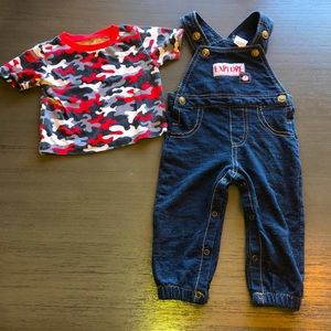 EUC Cutie Pie Denim Overalls and camo shirt 18M